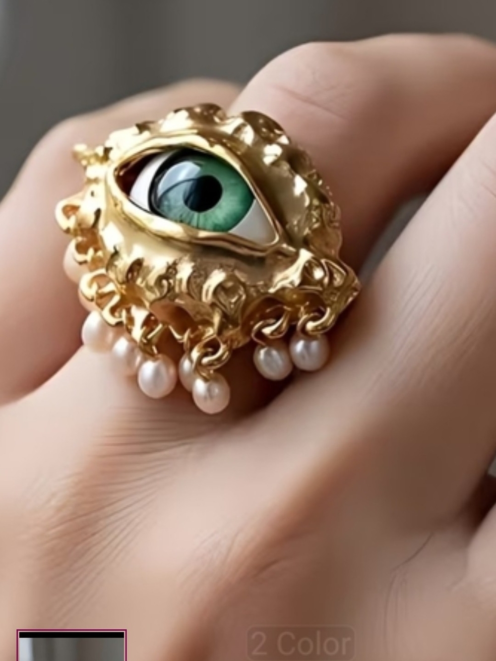 Gold Eye Cocktail Ring with Green Enamel and Pearl Drops